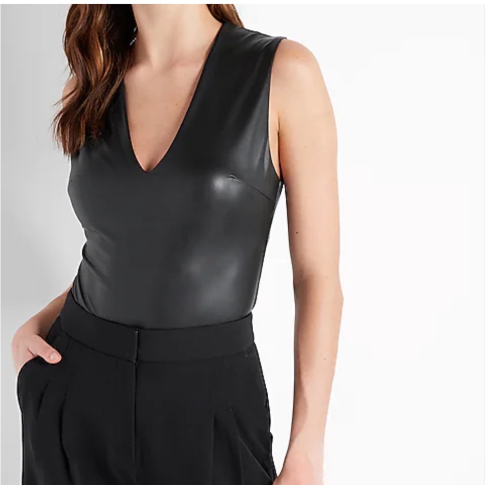 Express body contour faux leather v neck bodysuit
